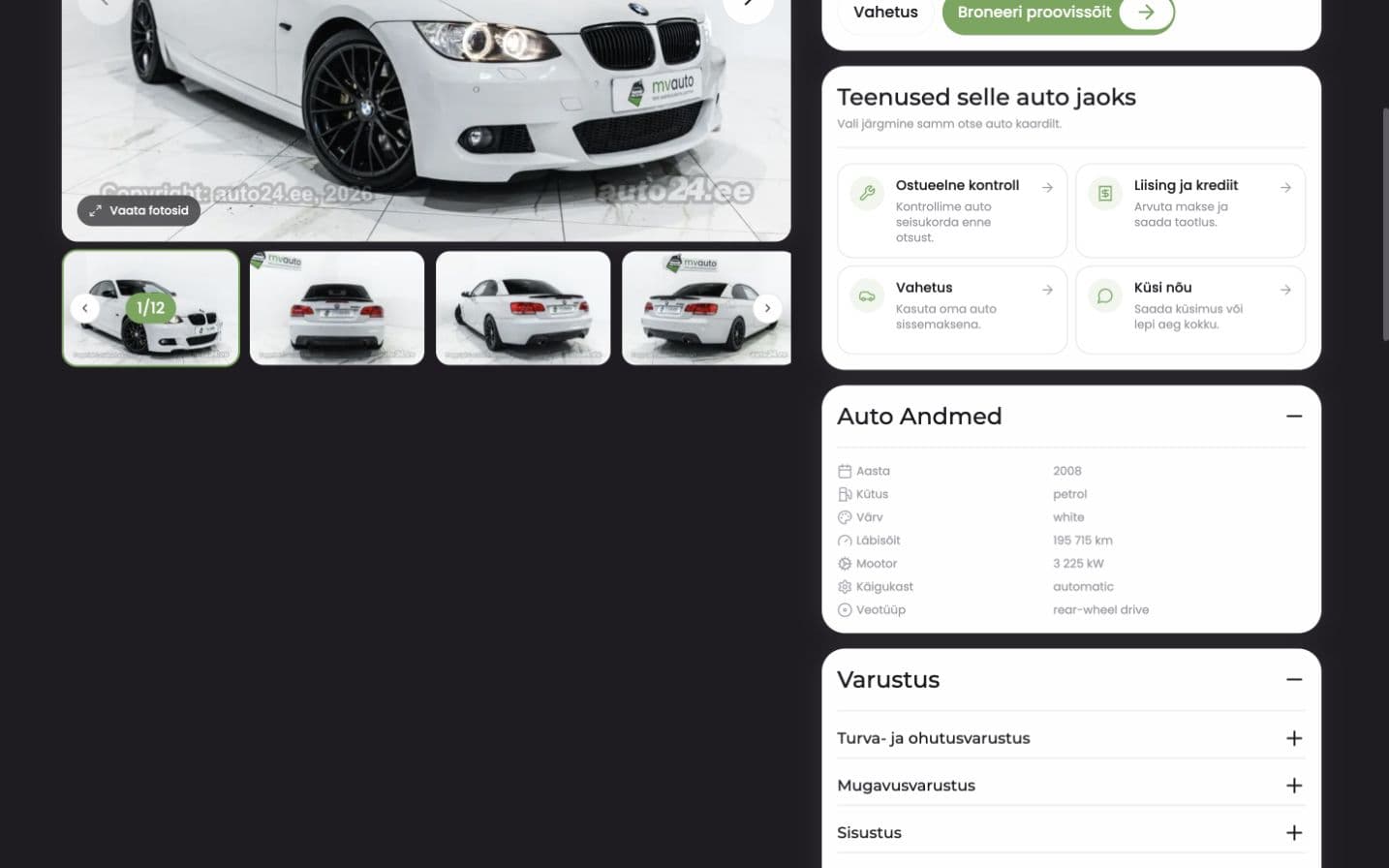 MVAuto sõiduki detailvaate seotud teenuste valikud