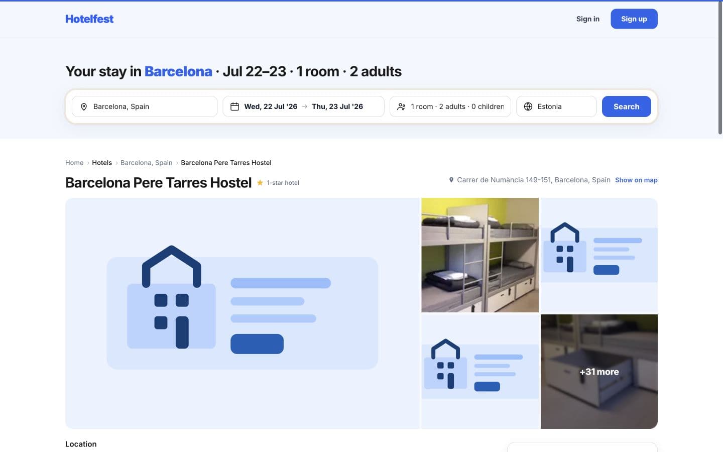 Hotelfesti majutuskoha detailvaade galerii ja asukohaga