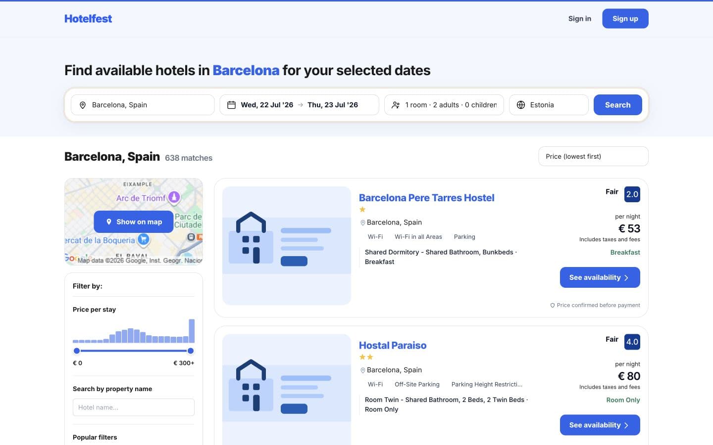Hotelfesti hotelliotsingu tulemused hinnafiltri ja sortimisega