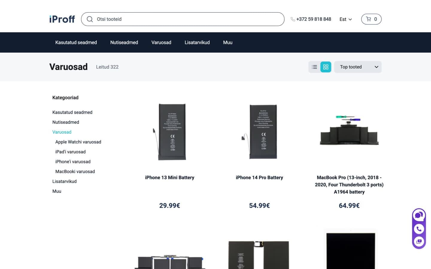 iProff Shop spare-parts catalogue with categories, filters and sorting