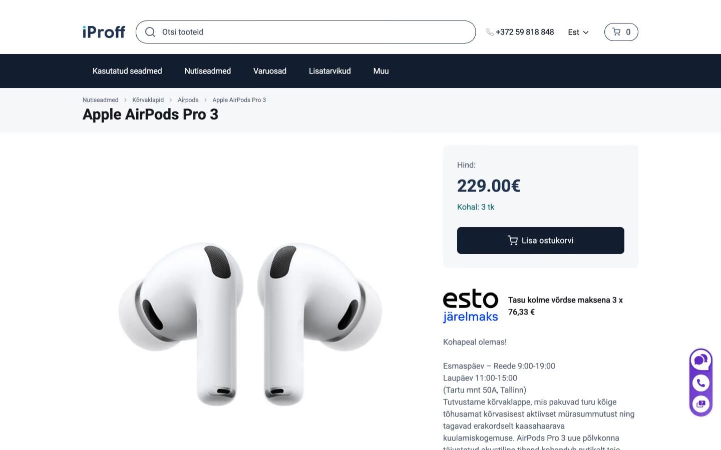 iProff Shop product page with price, stock and ESTO instalment information
