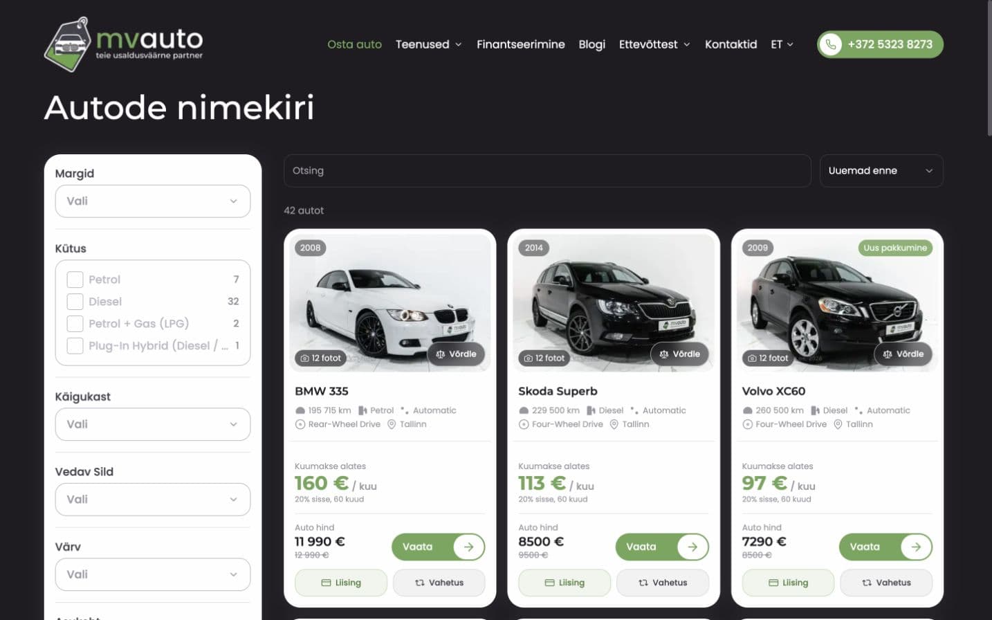 MVAuto sõidukikataloog nähtavate otsingu- ja filtrijuhtimisega