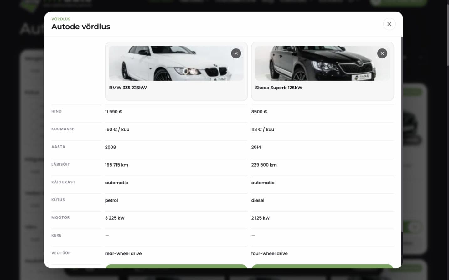 MVAuto kahe sõiduki võrdlustabel