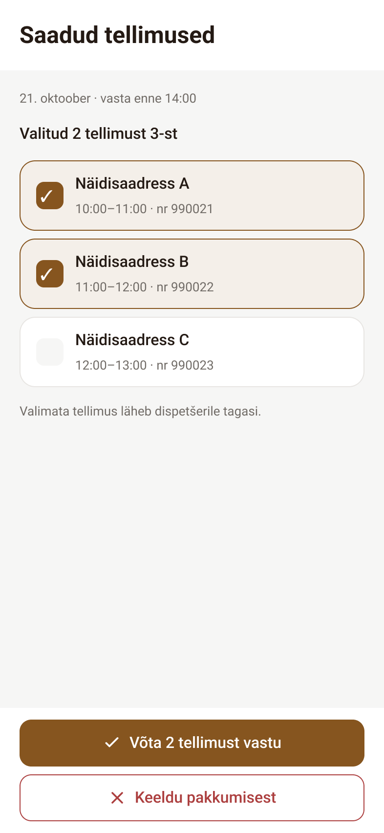 Kulleri veebirakenduse eestikeelne kujundusnäide: kolmest tellimusest on valitud kaks.