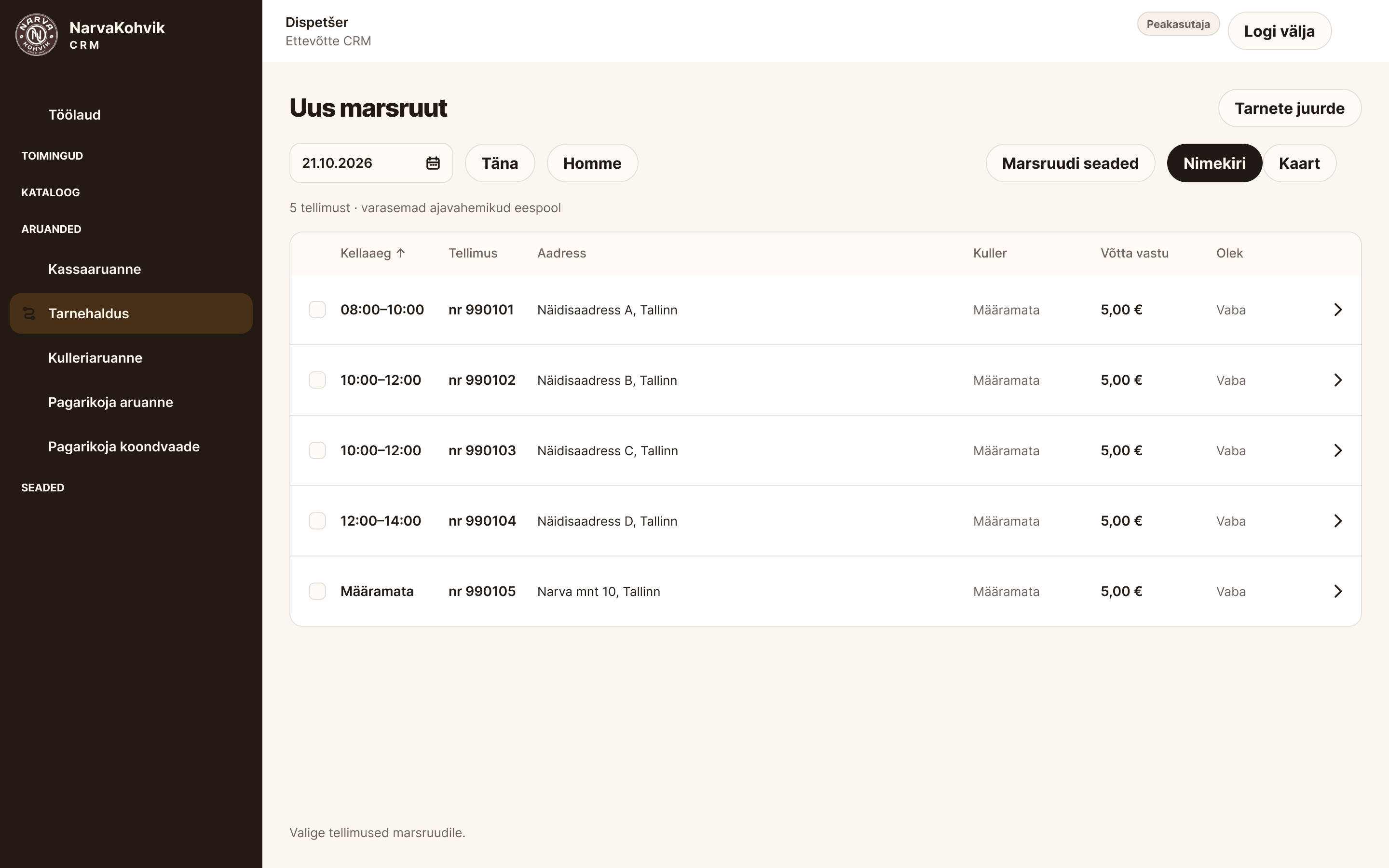 Tarnehalduse CRM-i eestikeelne kujundusnäide: päeva tellimused koos tarneaegade ja olekutega.