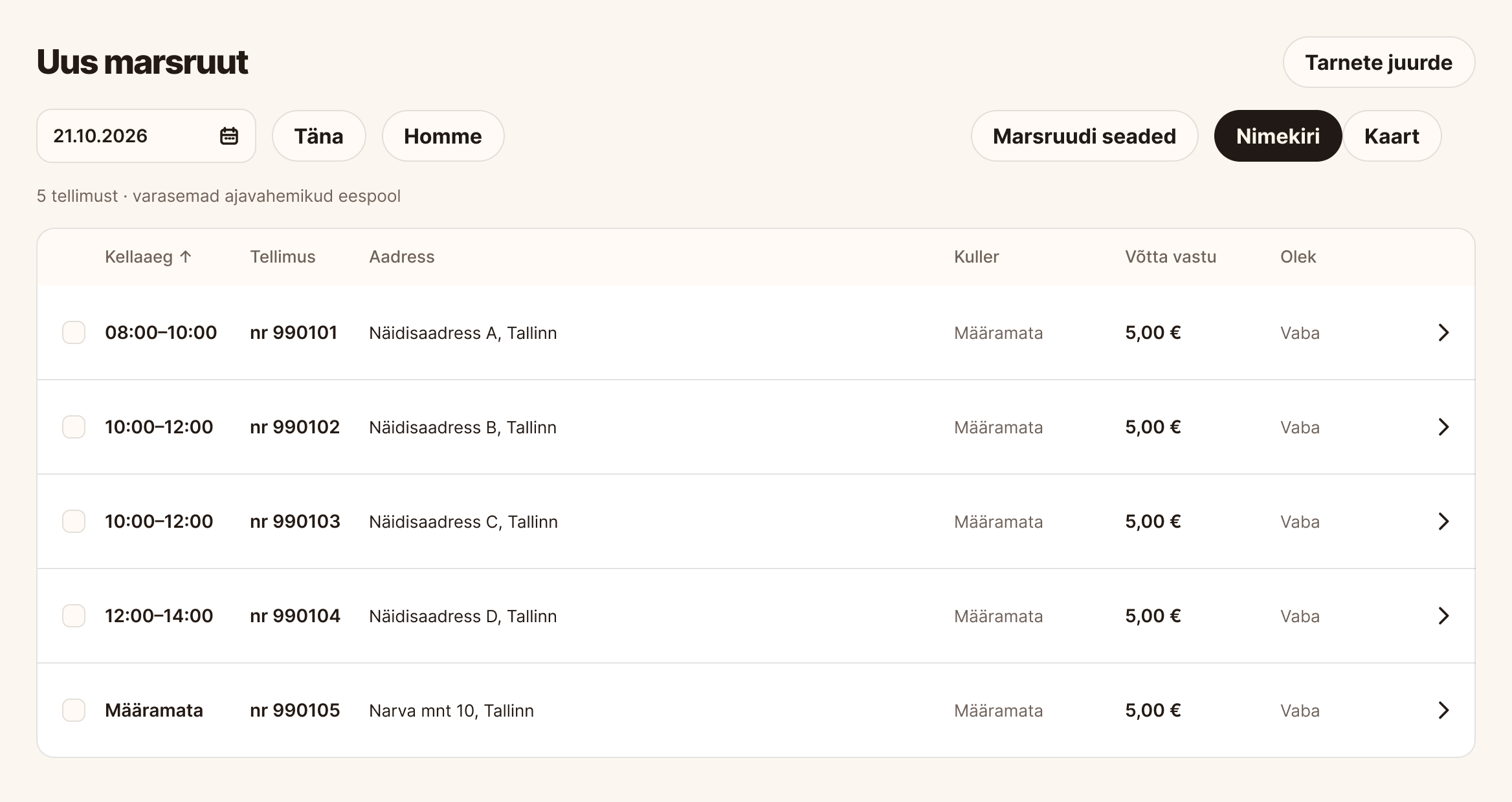 Tarnehalduse CRM-i eestikeelne kujundusnäide: päeva tellimused koos tarneaegade ja olekutega.