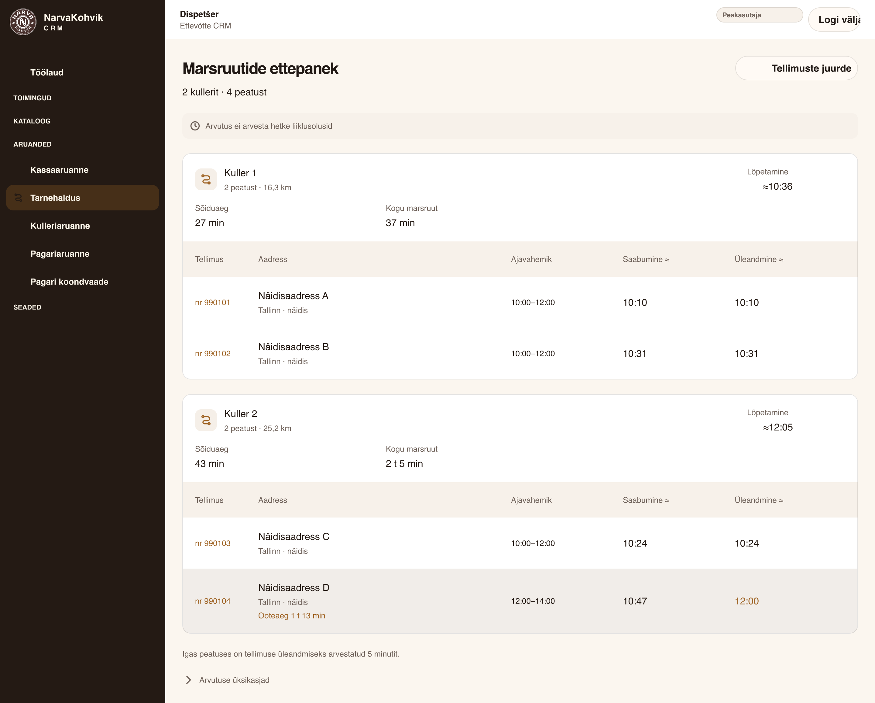 CRM-i eestikeelne kujundusnäide: kahe kulleri marsruutide vahemaad, sõiduajad, saabumised ja ooteaeg.