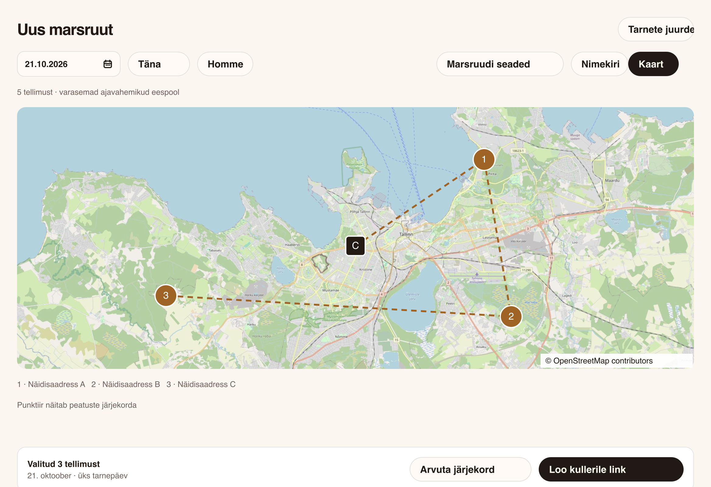 Tarnehalduse CRM-i eestikeelne kujundusnäide: kolm valitud peatust Tallinna kaardil.