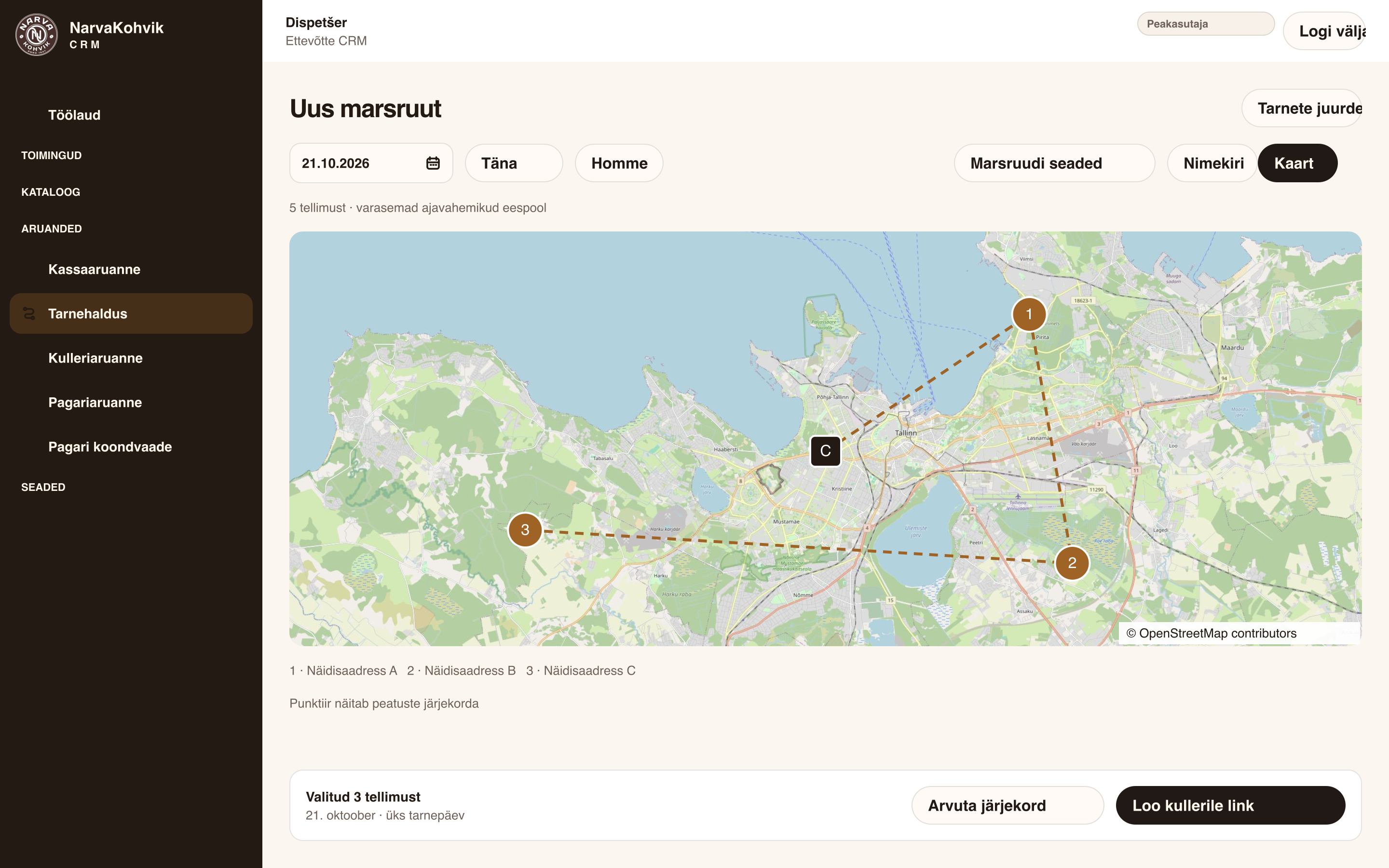 Tarnehalduse CRM-i eestikeelne kujundusnäide: kolm valitud peatust Tallinna kaardil.