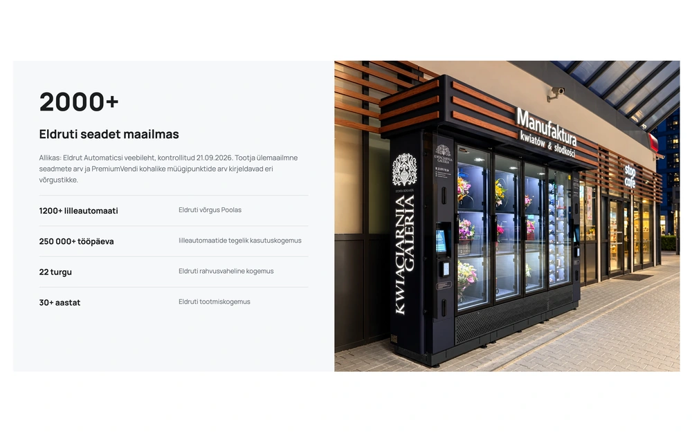 PremiumVend website section presenting Eldrut’s experience and a flower vending installation