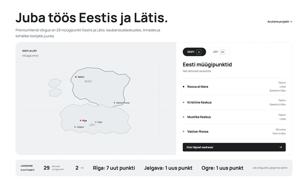 PremiumVend website map and list of vending locations in Estonia and Latvia