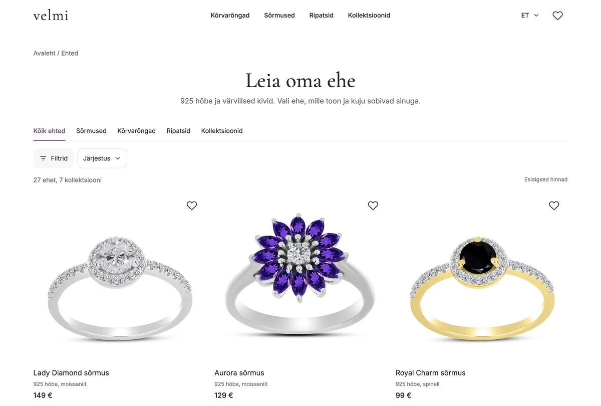 Velmi jewellery catalogue with categories, filters and silver designs