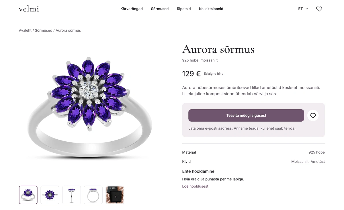 Aurora ring page with a gallery, specifications and launch notification signup