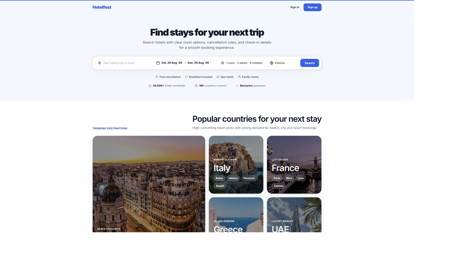 Hotelfest: Find a destination, compare hotels and choose a room.