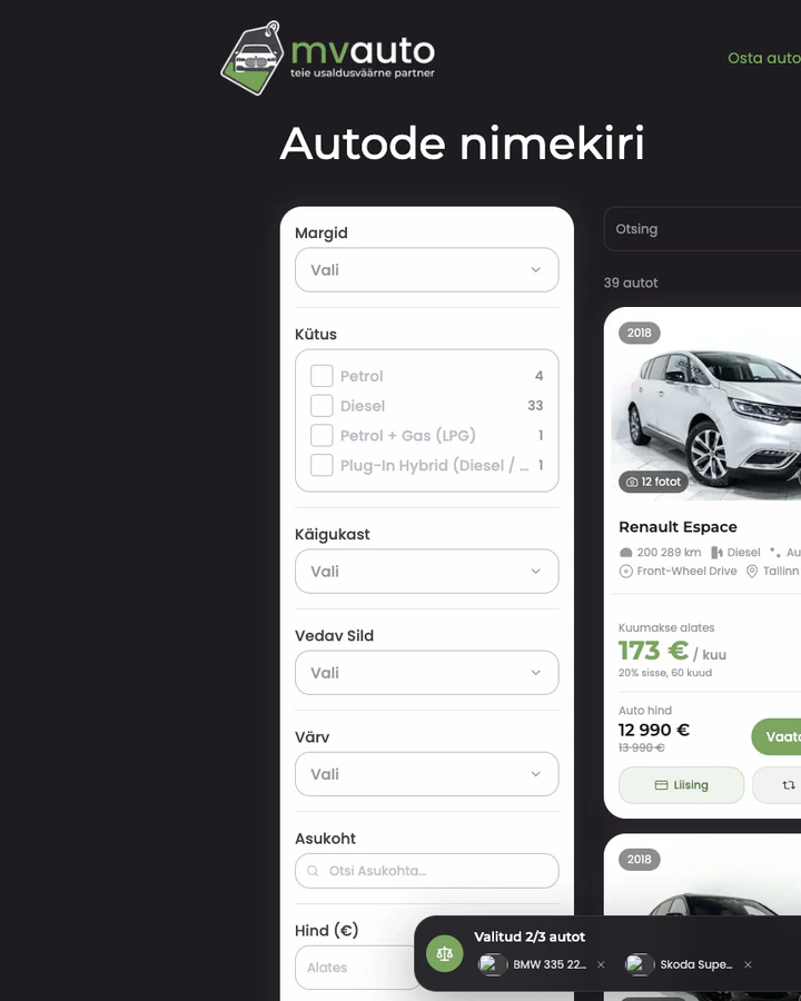 MVAuto: Otsing ja filtrid